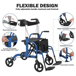 All Terrain Walkers for Seniors, Rollator Walker with Seat Foldable Aluminum Walkers with Backrest, Adjustable Height for Adults